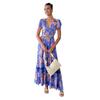 Vestido Nuevo de Comercio Exterior, Falda Larga de Verano de Alta Gama, Look Adelgazante de Cintura, Cuello en V, Botonadura Sencilla, Falda de Hoja de Loto para Mujer