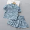 Algodón Seda Nuevo Estilo Chino Traje de Culottes de Manga Corta para Niñas Algodón Artificial Fabricantes de Ropa Infantil Venta al por Mayor