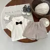 Conjunto de Vestido de Verano para Bebé Estilo Coreano, Exquisito Moño, Cuello Solapa Manga Corta, Shorts de Cuadros Versátiles, Ropa para Niños