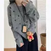 Cárdigan de Punto Redondo Estilo Coreano con Bloques de Color Retro y Lunares para Mujer, Holgado y Adelgazante, Suéter Abrigo Versátil para Otoño e Invierno, Gris