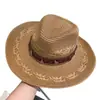 Sombrero de vaquero western de paja estilo étnico para mujer, sombrero de paja de ala ancha para viajes de verano en Xinjiang, sombrero jazz con protección solar