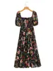 Vestido de otoño para mujer estilo europeo y americano 2022, nuevo, negro, con flores grandes, cuello cuadrado, manga corta elástica 22043