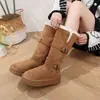 Botas de neve cinzas de cano alto para mulheres, novo modelo de inverno 2026, com sola grossa, forradas com fleece, espessadas, botas de algodão para neve de comprimento médio