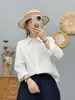 Camisa de Algodón Lavado para Primavera y Otoño, Cuello Puntiagudo, Sarga Vintage Artística, Algodón Puro Cepillado, Manga Larga para Mujer, Top Casual Holgado