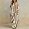 Conjunto de dos piezas con bloques de color de 48 colores, patrón geométrico europeo y americano, top con dobladillo irregular, pantalones anchos fluidos, ropa casual para mujer de vacaciones