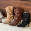 Zapatos de Mujer Estilo Coreano 2026 Punta Fina Tacón de Aguja Botas Apiladas Mujer Hebilla de Cuero Botas de Media Caña Fruncidas Botas de Moda Estilo Occidental