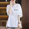 E-commerce Transfronteiriço~Camiseta Feminina Manga Curta de Corte de Etiqueta de Alta Qualidade Redutora de Idade Solta Tamanho Grande Comprimento Médio Manga Três Quartos Camiseta Camada Base