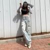 Pantalones vaqueros multibolsillos estilo americano para mujer, de otoño, vintage, de cintura alta, holgados, ajustados, con pierna ancha