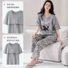 Pijama de Verano para Mujer de Algodón Puro, Cuello Redondo, Manga Corta, con Sujetador Incorporado, Pantalones Largos Casuales Sencillos, Falso Dos Piezas, Se Puede Usar al Aire Libre, Ropa para el Hogar