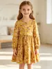Liquidación Transfronteriza Estilo Primavera/Otoño Vestido Falda para Niñas Color Sólido Estampado Floral Cuello Redondo Cintura Ceñida Estilo Mori Elegante Dobladillo con Volantes
