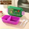 Lonchera de Plástico con Compartimentos de Dibujos Animados para Niños, Caja de Snacks de Frutas, Lonchera para Estudiantes con Tapa, Cubiertos, Tenedor y Cuchara