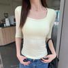 Foto Real # Camiseta Cuello Cuadrado Clavícula Manga Corta para Mujer Verano 2025 Nuevo Estilo Diseño Manga Tres Cuartos Top Corto