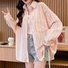 Camisa Casual Solta Listrada com Estampa Color-Blocking de Manga Longa Transfronteiriça Europeia e Americana Pg0352