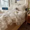 Juego de cuatro piezas de gasa de doble capa 100% algodón, estilo francés, con encaje hueco, patrón floral, para camas de 1.5m/1.8m, incluye sábana y funda de edredón, juego de tres piezas 100% algodón