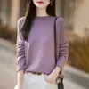 Novedad Primavera/Verano 2026 Tejido de Punto Premium para Mujer de Seda y Lana Cuello Redondo Manga Larga Borde Enrollado Color Sólido Camiseta Básica