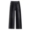 Jeans preto de cintura alta e perna larga para mulheres, novo estilo outono 2026, tamanho grande, cobre o quadril, emagrecimento, calças retas folgadas