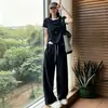 Moda Nova de Verão Conjunto Feminino Manga Curta Elegante Gola Redonda Color Block Casual Calça Wide Leg Manga Curta Conjunto de Duas Peças