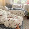 Juego de Cuatro Piezas de Gasa de Doble Capa Tejida, Funda de Edredón de Algodón Hinchado Fresca y Sencilla, Juego de Tres Piezas, Funda de Edredón de Algodón Lavado de Dibujos Animados para Dormitorio