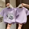 Camiseta de Manga Corta de Algodón Puro para Niñas Estilo Nuevo 2026 con Estampado, Cuello Redondo, Camiseta Base Holgada, Transpirable y Cómoda para Niños