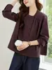 Camisa de Algodón Puro con Cuello Redondo y Mangas Largas para Mujer, Nuevo Estilo Primavera y Otoño 2026, Blusa Casual Holgada con Estilo Versión Coreana, Top Único