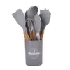 Utensilios de Cocina de Silicona con Mango de Madera Juego de 12 Piezas Espátula Antiadherente Cuchara para Sopa Cocina de Grado Alimenticio Resistente a Altas Temperaturas Frasco para Almacenamiento de Utensilios de Cocina