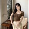 Top Corto Dulce y Caliente con Hueso Expuesto de Corte Bajo Europeo y Americano, Trendy, Delgado, Sexy, Ajustado, Elástico, Camiseta para Mujer de Chica Caliente Pequeña