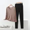 Conjunto de Modal Tallas Grandes para Primavera y Otoño, Cómodo Holgado Casual Cuello en V Manga Larga Pantalones de Cintura Alta Ropa de Casa Conjunto de Dos Piezas