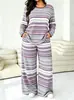 Conjunto de Calça de Perna Larga Listrada de Manga Longa Estilo Europeu e Americano Novo para Mulheres 2026, Conjunto de Duas Peças Moda Casual Primavera e Outono, Estilo Tendência Transfronteiriço