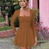 Vestido feminino de manga comprida, gola quadrada, temperamento elegante, para o trabalho, simples, elegante, primavera e outono, 2025, Europa e Estados Unidos, transfronteiriço