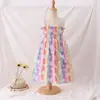 Vestido infantil estampado con bolso, vestido de nuevo estilo para niñas de algodón y seda con tirante ajustable, adecuado para niños pequeños, estilo vacacional en la playa