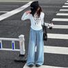 Pantalones Vaqueros de Pierna Ancha para Niñas, Novedad Primavera y Otoño 2025, Estilo Occidental, Pantalones Rectos Sueltos para Niños Grandes, Pantalones de Moda con Perlas para Barrer el Suelo