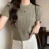 Blusa de Tricô Wubic Crab de Manga Curta para Mulheres, Novo Estilo de Verão, Gola Redonda, Corte Justo, Valoriza a Silhueta, Estilo Curto, Roupa de Baixo, Ins