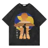 Camiseta Vintage Lavada Street Hip-Hop Anime Haikyuu Dibujo Animado Estampado Gráfico Casual Algodón Manga Corta Estilo Europeo y Americano
