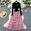 Vestido em Camadas Estilo Francês de Luxo com Estampa Floral, Gola Redonda, Manga Longa, Tricô Patchwork com Ajuste na Cintura para Mulheres