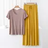 Conjunto de Duas Peças Feminino de Verão em Modal, Fino, Manga Curta, Calça Nove-Quartos, Cor Sólida, Elástico, Solto, Simples, Roupa de Casa