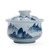 Xícara de Chá com Paisagem Pintada à Mão em Azul e Branco de Jingdezhen, Tigela de Chá de Grande Capacidade, Conjunto de Chá de Cerâmica Azul e Branco, Chá Kung Fu