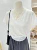 Verano Coreano Versátil Encaje Empalme Cuello en V Manga Corta Holgado Look Adelgazante Camiseta Blanca para Fondo Camiseta Top para Mujer Ropa Interior