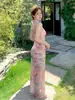 Traje de Baño Tie-Dye con Cuello Halter que Muestra la Cintura para Mujer 2025 Conjunto de Tres Piezas Dividido Puro Sexy Chica Caliente Vacaciones en la Playa Traje de Baño con Falda Larga