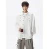 Camisa de Manga Longa com Gola Reversível e Fivela de Metal para Homens, Colete Tendência de Casal para Primavera e Outono, Jaqueta Camisa Versátil Casual Solta