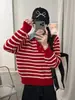 Nuevo suéter de punto vintage a rayas de dos piezas falsas para otoño e invierno para mujer, prenda exterior de punto casual holgada y versátil