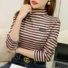 Camisa listrada de fundo para as mulheres outono e inverno estilo ocidental elegante interior meia gola tartaruga forrado quente slim top moda