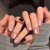Uñas postizas de ojo de gato con lunares en rosa nude, manicura corta cuadrada color burdeos, delicadas y sencillas, uñas postizas removibles al por mayor