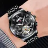 Va Va Voom/2453 Reloj de Acero Inoxidable Tourbillon No Automático Mecánico de Negocios Reloj Luminoso Impermeable para Hombres