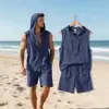 Conjunto europeo de verano para hombre sin mangas con capucha, de algodón y lino, top y shorts para hombre, atuendo casual holgado para vacaciones
