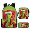 Monstro de Cabelo Verde Grinch Mochila Escolar Grinch Transfronteiriça Nova Mochila Escolar Mochila Cartoon Conjunto de Três Peças Bolsa Lateral Estojo