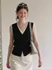 Colete de Tricô Sem Mangas Preto e Branco de Alta Qualidade com Bloqueio de Cor Decote V Falso Duas Peças Feminino Verão Old Money Retrô Emagrecedor Outerwear 8866