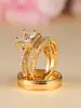 Juego de Anillos de Tres Piezas en Oro Rosa con Diamantes y Circonitas, Anillo de Pareja Completo de Diamantes para Mujer, Anillo para Hombre, Bicolor Brillante Lujo Europeo y Americano al por Mayor