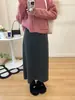Falda de Punto Elegante Gris Oscuro con Abertura para Mujer Otoño e Invierno Nuevo Estilo Pequeña de Cintura Alta Ajustada Recta de Longitud Media