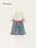 Bangxuan Roupas Infantis Coleção Outono Tops para Meninas com Renda Mangas Longas e Jeans Conjunto de Duas Peças Infantil Calças de Pernas Largas Roupa para Meninas