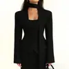 Moda Nova Europeia e Americana Transfronteiriça 2025 Cor Pura Gola V Lenço Decorado Manga Longa Casual Pequeno Terno Jaqueta Top Roupas Femininas